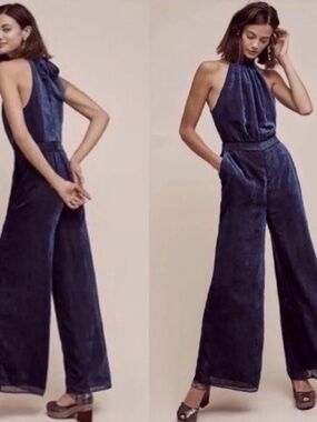 ANTHROPOLOGIE ELEVENSES Nova Velvet Halter Jumpsuit Blue Formal 12